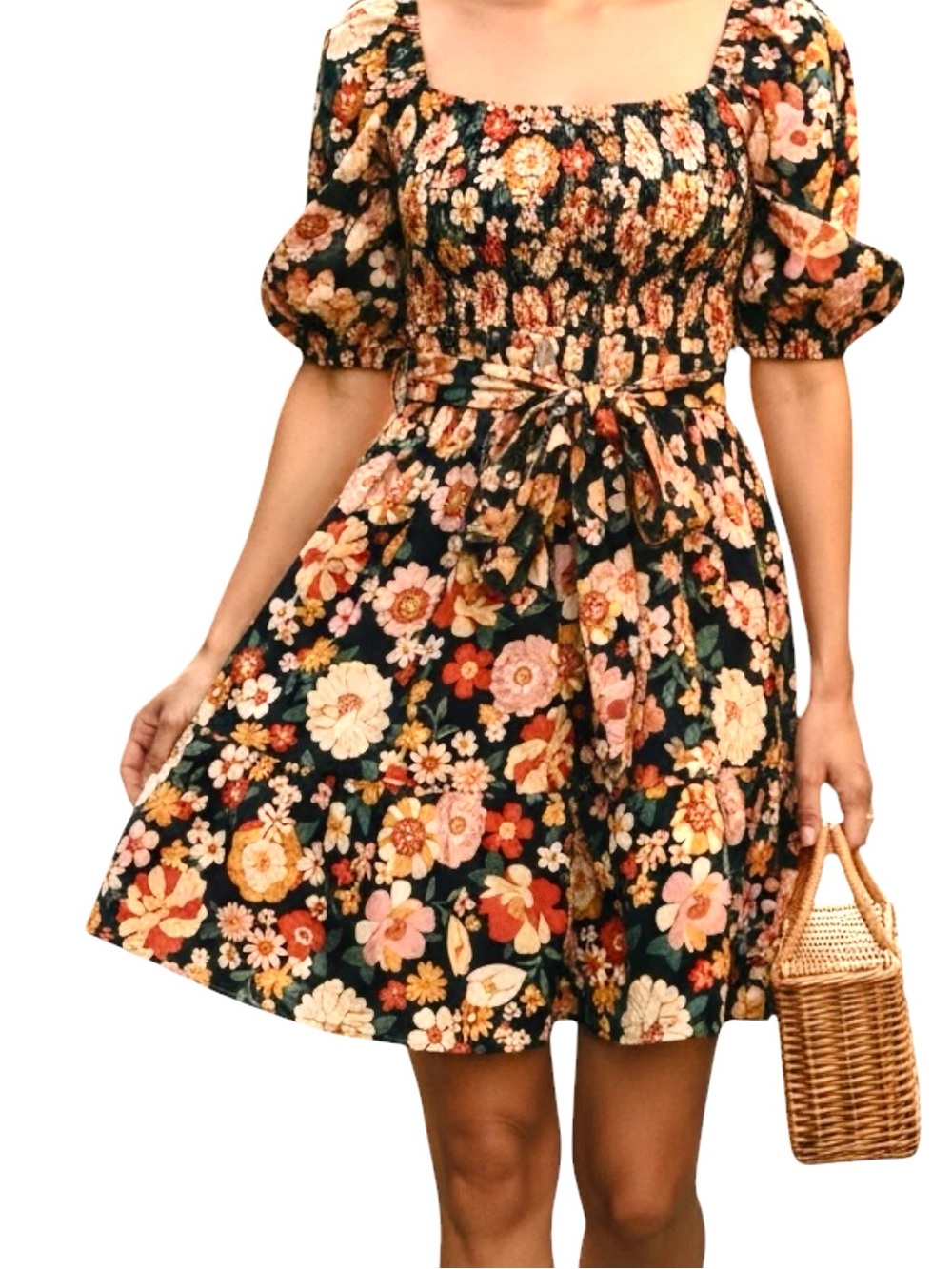Karlie Black Floral Smocked Puff Sleeve Mini Dress